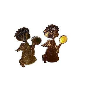 Two Unfinished Kneeling Gold Tone Angels Brooches